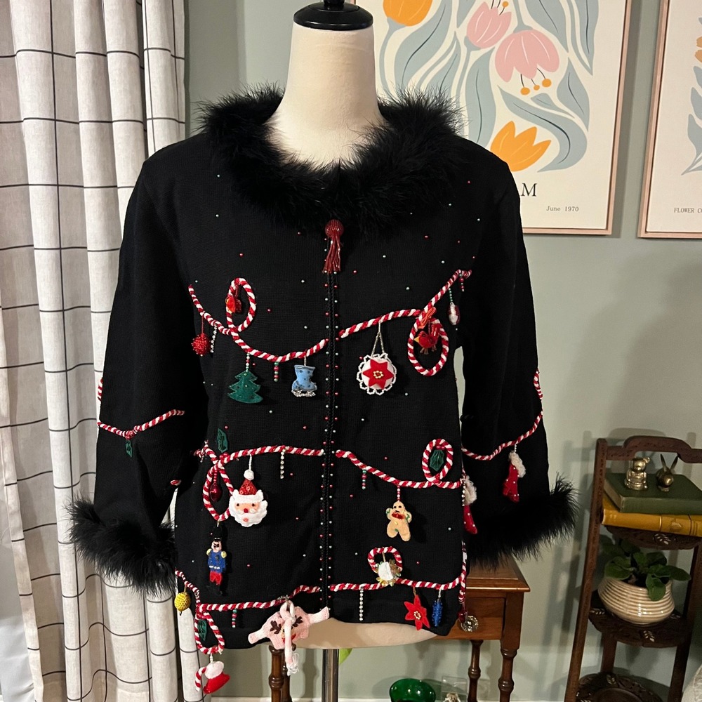 Berek Vintage Ugly Christmas Sweater Cardigan Black Fur Trim Beaded XL Womens